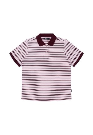 Polo de manga corta con cuello y puños granate, con rayas horizontales rosas y granate.