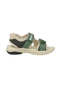 Sandalo verde e beige con cinturini in rete e tessuto, chiusure in velcro regolabili, suola imbottita e suola in gomma testurizzata.