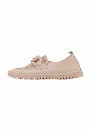 Light pink slip-on shoe with perforated design, bow accent, and textured sole featuring ridges. Soft material with a rounded toe.