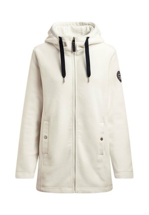 White fleece jacket with a front zipper, hood, and navy drawstrings. Features side pockets and a round logo patch on the sleeve.