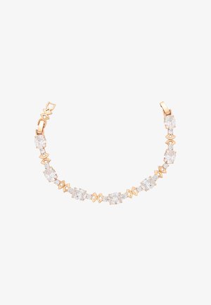 Armband aus Roségold mit ovalen und runden klaren Steinen sowie geometrischen Akzenten, die eine glatte Oberfläche und abwechselnde Formen präsentieren.
