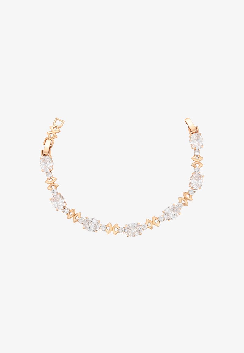 Rózsaarany karkötő ovális és kerek tiszta kövekkel, geometrikus díszítéssel, sima felülettel és váltakozó formákkal.