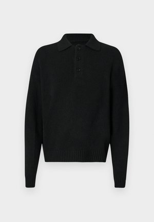 Pull en maille noir à manches longues avec col et trois boutons sur la poitrine, poignets et ourlet côtelés, présenté sur un fond blanc.