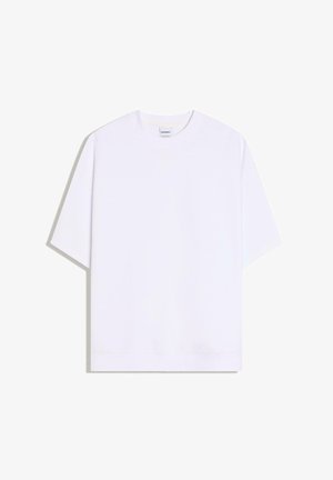 Tricou alb cu mâneci scurte din bumbac, cu guler rotund și croială lejeră, tivuri cusute. Fără modele sau accente vizibile.