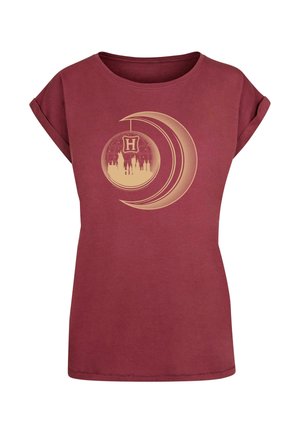 Tricou maron cu mâneci rulate, având un design circular auriu cu un orizont și litera "H" în centru. Material moale, croială lejeră.