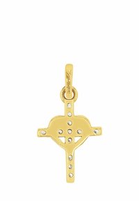 Ciondolo a croce in oro con superficie liscia, caratterizzato da ritagli circolari e piccoli inserti di pietre trasparenti, sospeso a una baionetta rotonda.