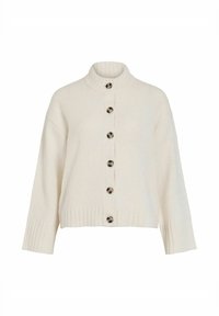 Kremfarget strikket cardigan med høy krage, knappestolpe foran og ribbestrikkede mansjetter. Har seks runde knapper og en kort fasong.