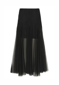 Jupe noire en tulle avec superposition transparente et doublure solide, évasée des hanches jusqu'à l'ourlet.