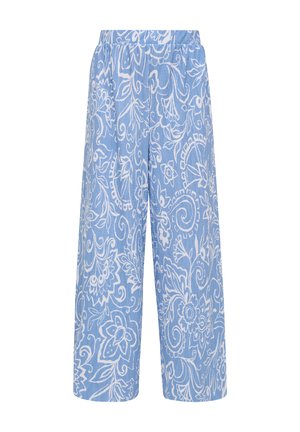 Culottes bleu clair avec un motif floral blanc. Taille élastique, jambes larges et tissu texturé pour un ajustement décontracté.