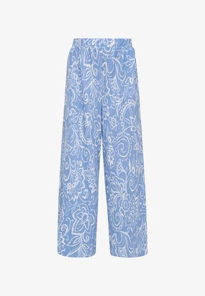Jasnoniebieskie kuloty z białym wzorem kwiatowym. Elastyczny pas, szerokie nogawki i strukturalny materiał tworzą luźny krój.