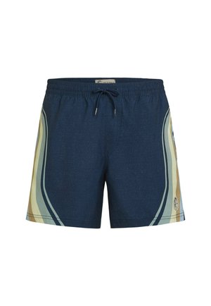 Granatowe spodenki kąpielowe z elastycznym pasem, sznurkiem do regulacji oraz wielokolorowymi zakrzywionymi paskami w kolorze beżowym i jasnoniebieskim po bokach. Miła w dotyku tkanina.