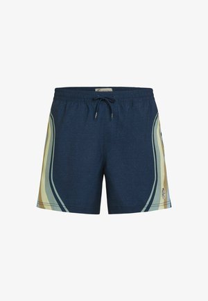 Granatowe spodenki kąpielowe z elastycznym pasem, sznurkiem do regulacji oraz wielokolorowymi zakrzywionymi paskami w kolorze beżowym i jasnoniebieskim po bokach. Miła w dotyku tkanina.