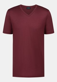 Bordeaux v-hals t-shirt gemaakt van zachte stof met korte mouwen. Eenvoudig ontwerp en een gladde textuur, geschikt voor casual kleding.