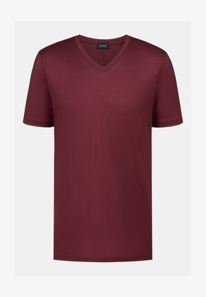 Bordeaux v-hals t-shirt gemaakt van zachte stof met korte mouwen. Eenvoudig ontwerp en een gladde textuur, geschikt voor casual kleding.