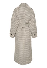 Trench coat lungo a quadri con vita aderente, maniche larghe, ampio colletto e polsini con bottoni. La combinazione di colori presenta quadretti beige e blu scuro.