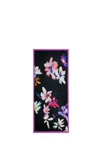 Sciarpa floreale con sfondo nero, fiori multicolori vivaci e bordo viola brillante. Realizzata in tessuto leggero.