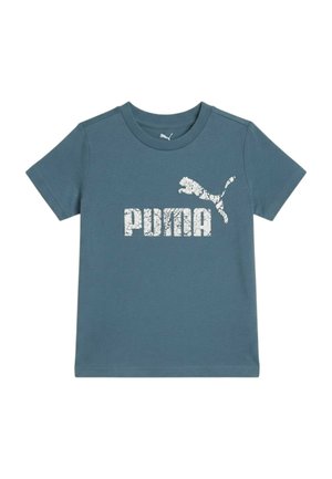T-shirt blu-verde a maniche corte Puma con logo Puma bianco screpolato e scritta centrata sul davanti.