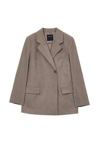 Blazer in corduroy marrone con colletto a rever, chiusura a singolo bottone e due tasche frontali. Tessuto testurizzato con righe verticali.