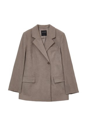 Brown corduroy blazer featuring a notched collar, single button closure, and two front pockets. Textured fabric with vertical stripes.