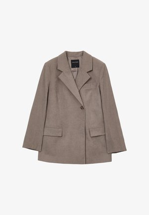 Braunes Cord-Jackett mit Reverskragen, einer einzigen Knopfverschluss und zwei Vorderaschen. Texturierter Stoff mit vertikalen Streifen.