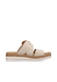 Beige Leder-Sandale mit überkreuzten Riemen, einer Kork-ummantelten Zwischensohle und einer strukturierten Gummisohle. Minimalistisches Design mit weichem Innenraum.