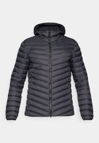 Dark gray hooded puffer jacket with chevron quilted texture, front zipper closure, and elastic cuffs. Lightweight and streamlined design.