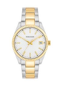 Reloj bicolor de plata y oro con una esfera blanca texturizada, agujas y marcadores dorados, indicador de fecha y un bisel ondulado giratorio.