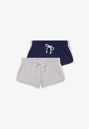 Due paia di pantaloni corti, uno blu navy e uno grigio chiaro. Entrambi hanno un elastico in vita, un cordoncino e rifiniture bianche lungo i bordi.