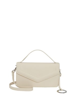 Lichtcrème leren schoudertas met een afneembare strap, flap in envelopstijl en een ronde hardware-accent. Gladde textuur en minimalistisch ontwerp.