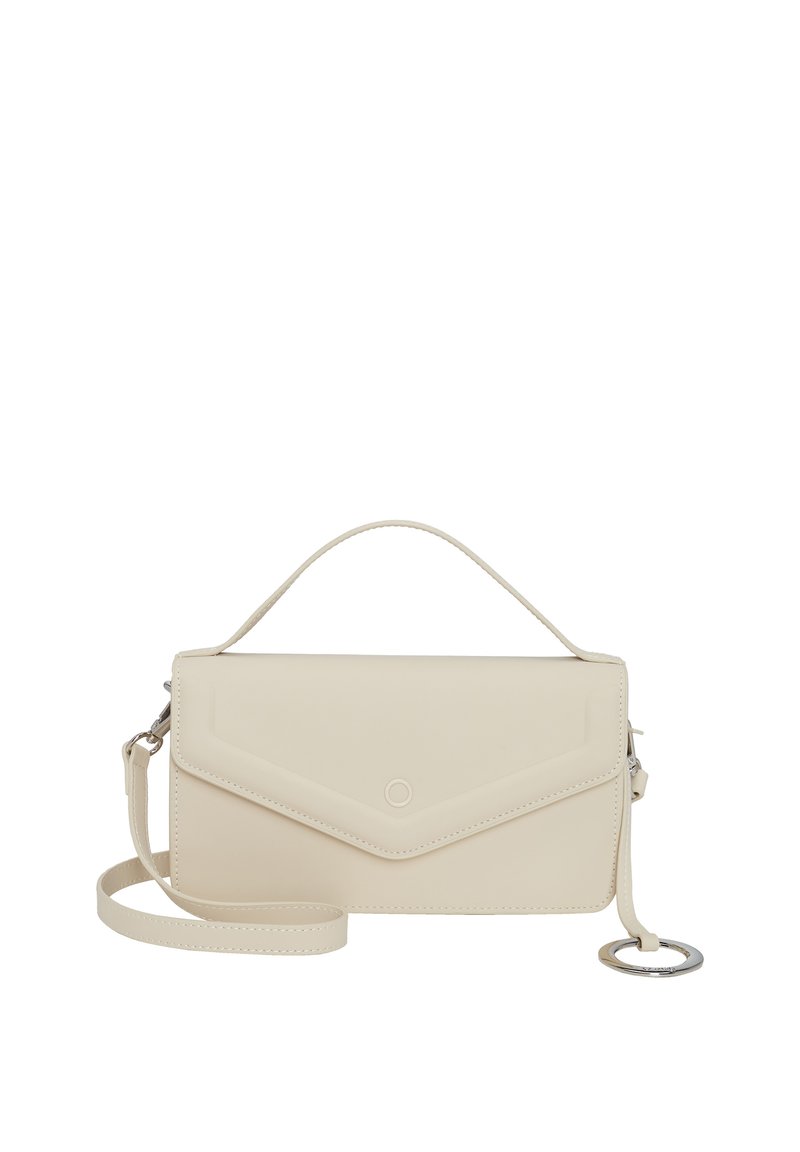 Borsa a tracolla in pelle crema chiara con cintura removibile, pattina in stile busta e dettaglio in metallo circolare. Texture liscia e design minimalista.