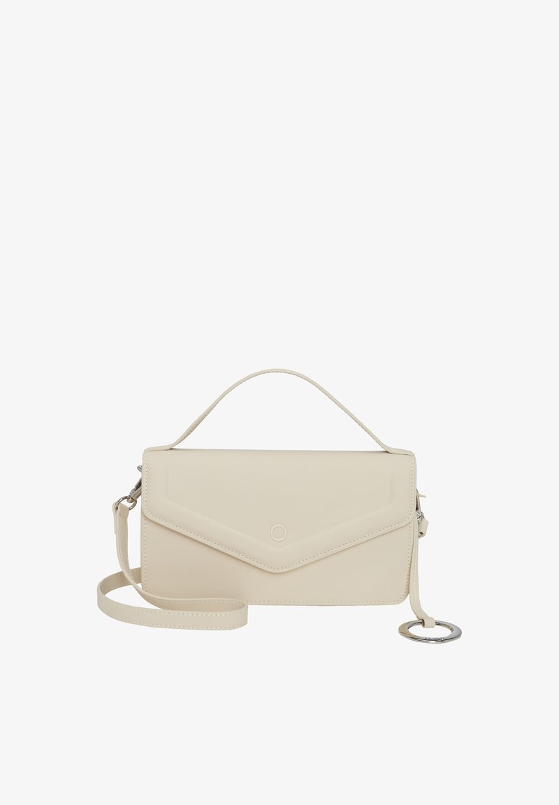 Borsa a tracolla in pelle crema chiara con cintura removibile, pattina in stile busta e dettaglio in metallo circolare. Texture liscia e design minimalista.