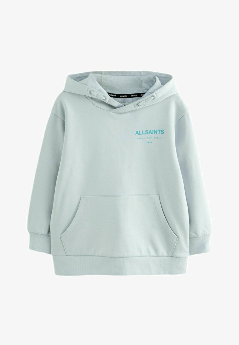Sweat à capuche AllSaints bleu clair avec poche avant, capuche à cordon et petit logo turquoise avec texte sur la poitrine.