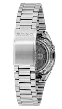 Silver stainless steel watch with a polished bracelet, flat case, and visible mechanical movement through a transparent back.
