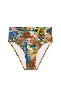 Färgglad mönstrad bikiniunderdel med en blandning av bruna, gröna, blå och gula nyanser, med en vit insida och dekorativ kant.
