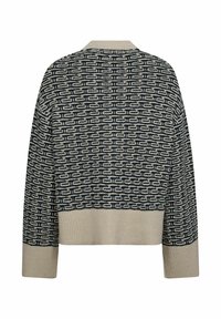 Maglione lavorato a maglia con un design a parte posteriore corta, caratterizzato da un motivo geometrico navy e crema, scollatura rotonda e polsini a coste.