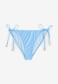 Svetlo modre bikini hlačke z nastavljivimi trakovi ob straneh, ki imajo majhne školjčne okraske, narejene iz gladkega, raztegljivega materiala.