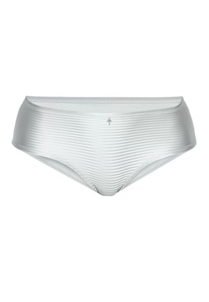 White women's bikini underwear with horizontal sheer stripes and a small decorative silver charm at the center waistband.