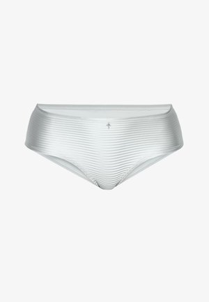 White women's bikini underwear with horizontal sheer stripes and a small decorative silver charm at the center waistband.