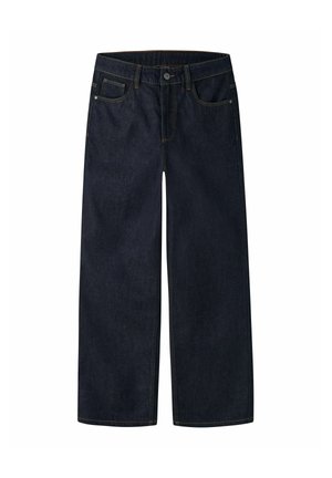 Jean en denim bleu foncé à jambes larges, avec bouton et fermeture éclair à l'avant, passants pour ceinture et design à cinq poches.