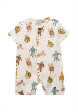 Barboteuse blanche à manches courtes pour bébé avec boutons-pression, ornée de motifs colorés de dessins animés représentant des ours, lions, tigres et léopards dans différentes poses.