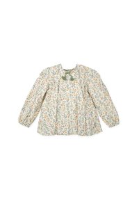 Blusa de manga larga con estampado de flores en crema claro, con flores coloridas, mangas abullonadas y detalle de lazo en el cuello. Tejido ligero.