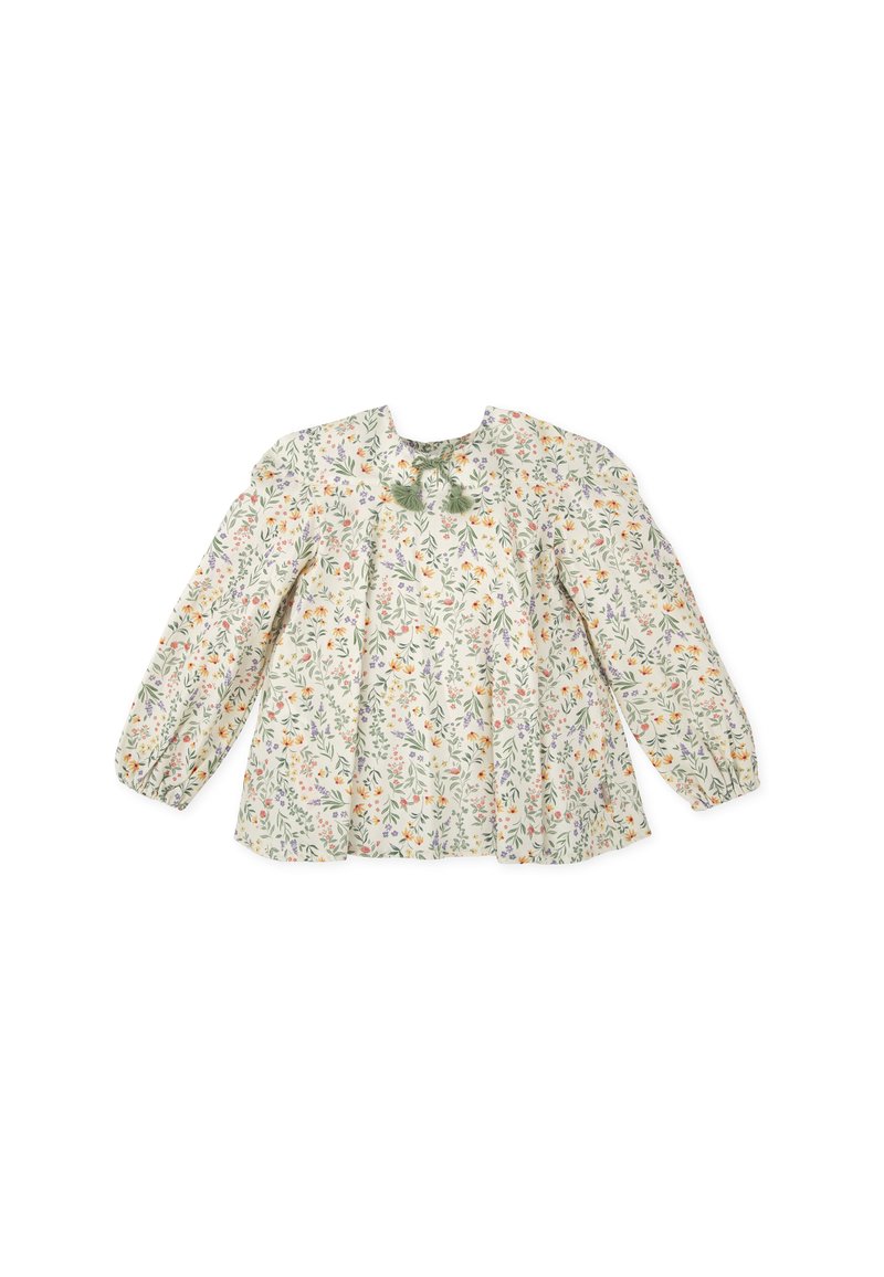 Blusa de manga larga con estampado de flores en crema claro, con flores coloridas, mangas abullonadas y detalle de lazo en el cuello. Tejido ligero.