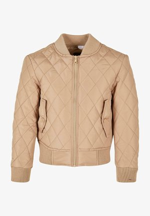 Bež jakna bomber s prešito površino, sprednjim zadrgo, rebrastimi manšetami in robom ter dvema stranskima žepoma, ki se ponaša z diamantnim vzorcem po celotni površini.