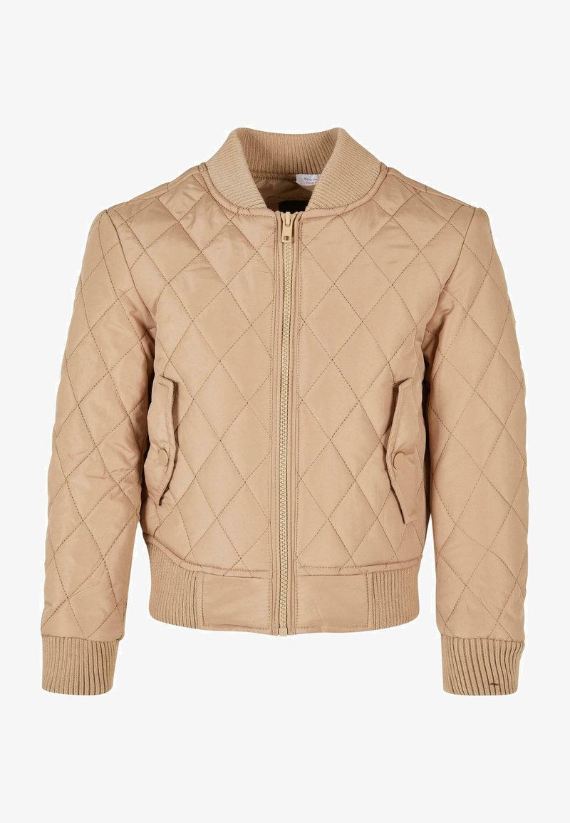 Béžová prešívaná bomber bunda s predným zipsom, rebrovanými manžetami a lemom a dvoma bočnými vreckami, s diamantovým vzorom po celom povrchu.