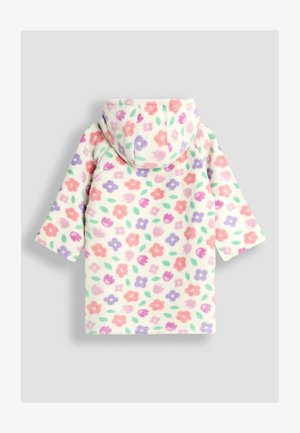 Lillelilleline fliiskanga, millel on kapuuts, kaunistatud roosa, lilla ja rohelise lillemustriga kreemivalgel taustal. Lühikesed varrukad ja pehme tekstuur.