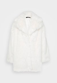 Biely kožúšok z umelej kožušiny so širokým golierom, krátkymi rukávmi a mäkkým, textúrovaným povrchom. Má voľný strih a žiadne viditeľné zapínanie.