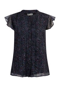 Blusa a maniche corte plissettata in tessuto scuro con un motivo floreale in viola, blu e verde. Presenta un colletto rotondo e maniche trasparenti.