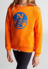 Sudadera naranja con gráfico azul de "NORTH SAILS". Fabricada en tejido suave, cuenta con puños y bajo acanalados, con un cuello redondo y un corte relajado.