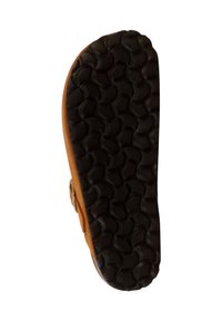 Brown rubber sole with a textured, wavy pattern; curved edge; side buckle detail visible on the outer edge.