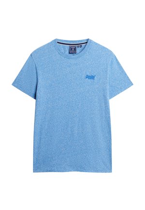 Camiseta de manga corta azul claro hecha de tela jaspeada, con escote redondo y un pequeño logo bordado en el lado izquierdo del pecho.